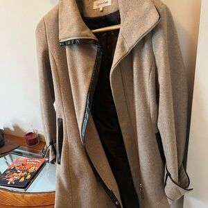 Calvin Klein Women's Beige Trench Coat with Black Trim